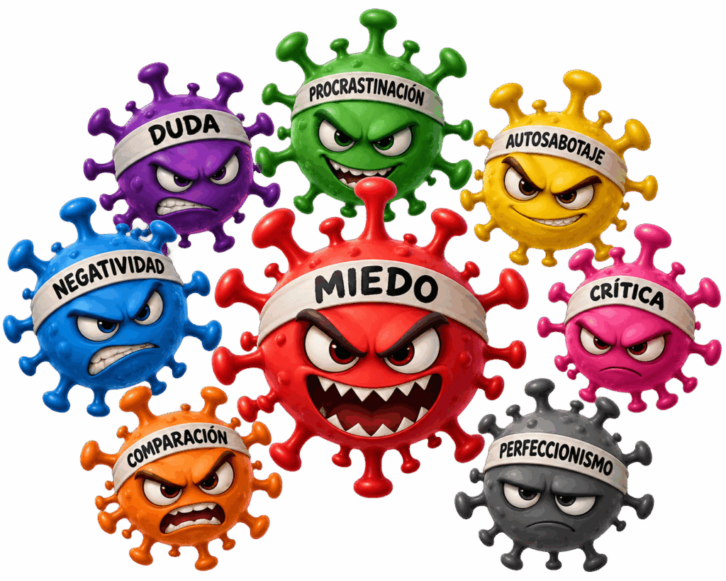 Ilustración 3D de los ocho virus mentales: miedo, procrastinación, autosabotaje, crítica, perfeccionismo, comparación, negatividad y duda