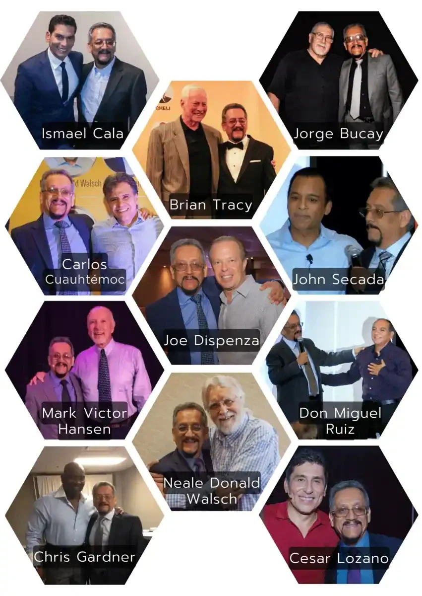Collage de Edmundo Velasco junto a Joe Dispenza, Neale Donald Walsch, Brian Tracy, Jorge Bucay, Chris Gardner, Ismael Cala, Mark Victor Hansen, Don Miguel Ruíz y Carlos Cuauhtémoc Sánchez